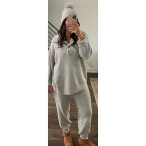 Aerie CozyUp Waffle Button Sweater & Waffle Jogger Set in Gray
